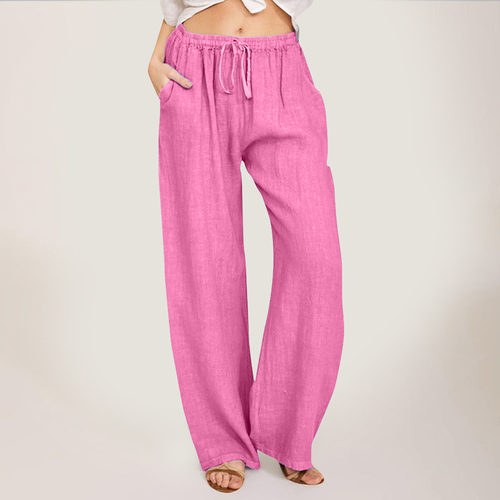 thumbnail image 2 of Pantalones de cintura alta y pierna ancha para mujer - Elástico con cordón, pierna recta cómoda, con bolsillos, 2 of 5
